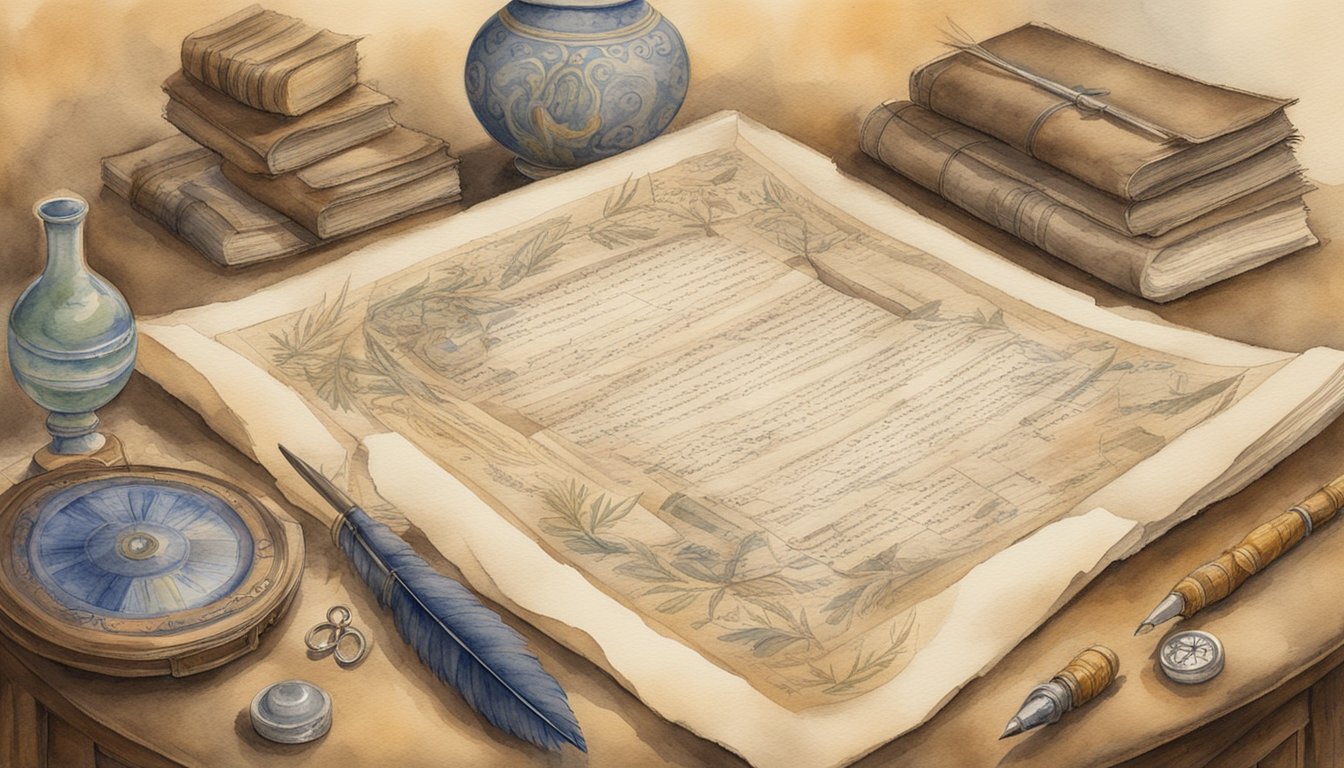 A quill pen writes "Pledge of Allegiance" on parchment, surrounded by symbols of evolution and legal documents