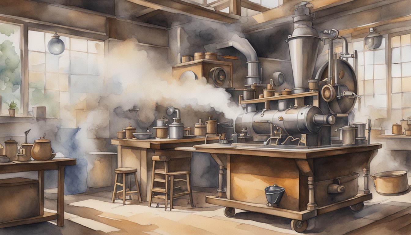 Angelo Moriondo's workshop: steam rising from a metal contraption, coffee beans scattered, and a sense of excitement in the air