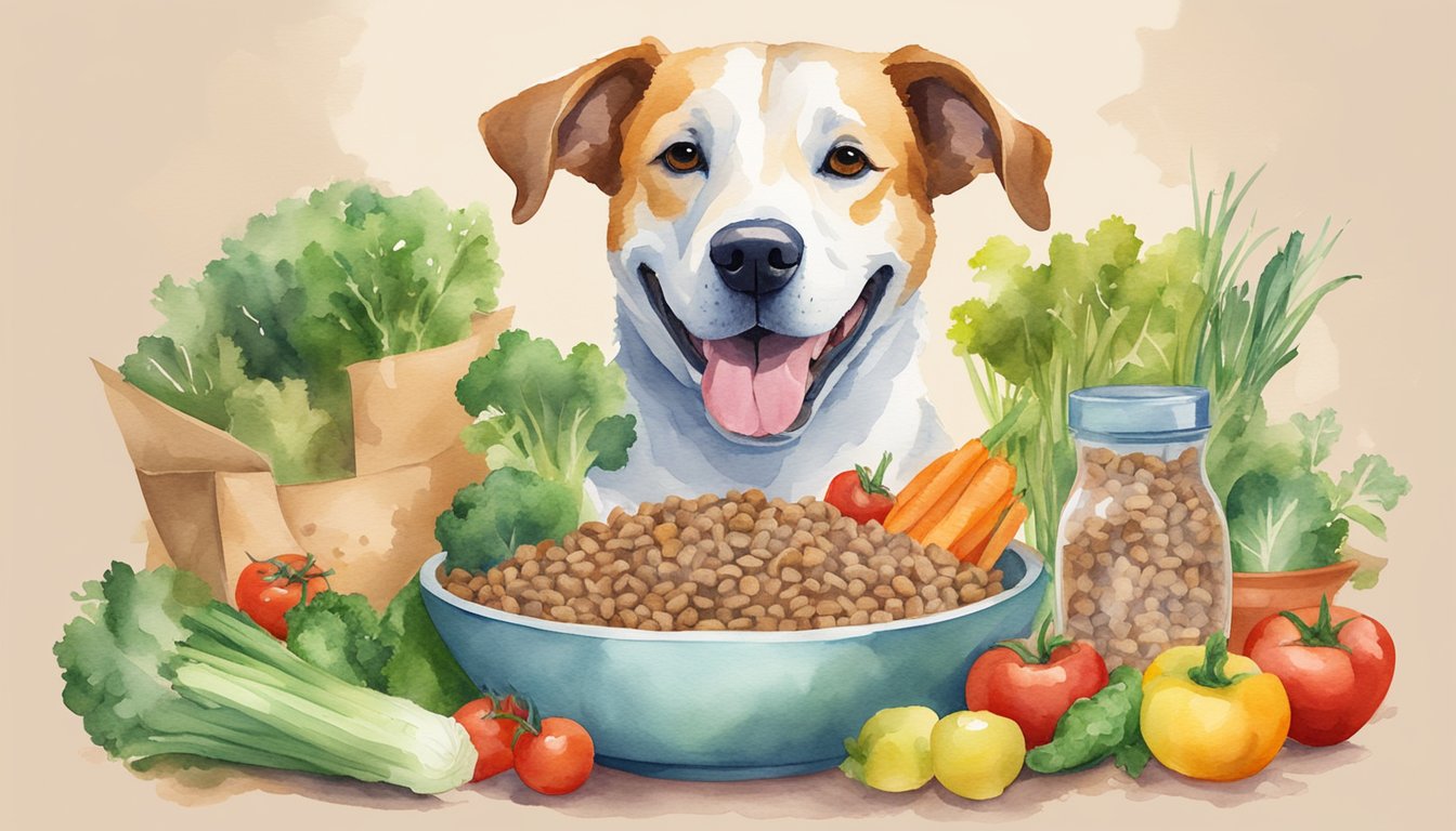 A happy dog eating from a bowl of natural dog food surrounded by fresh, whole ingredients like meat, vegetables, and grains