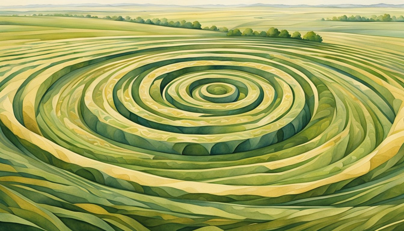 A swirling pattern of flattened wheat stretches across a vast field, with intricate geometric shapes and precise lines forming a mesmerizing crop circle