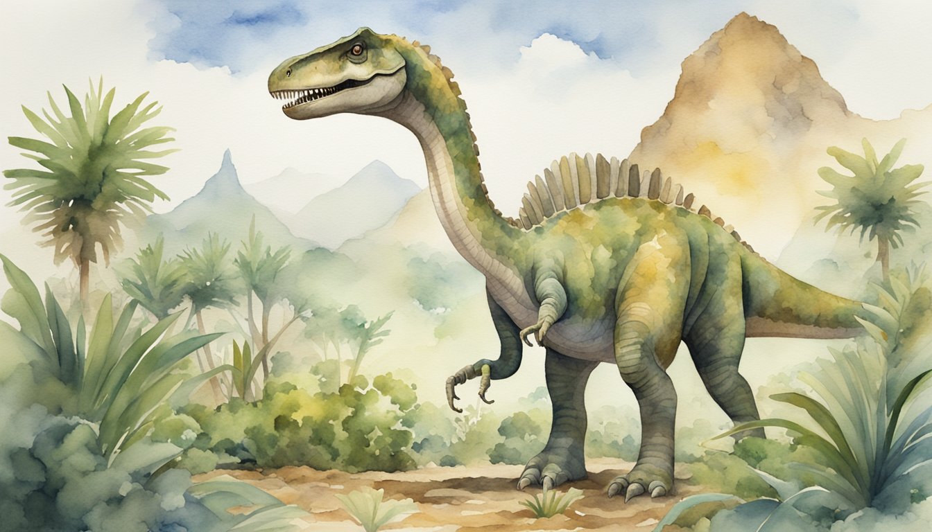 A long-necked dinosaur roams among prehistoric flora, its towering figure symbolizing both cultural impact and scientific significance