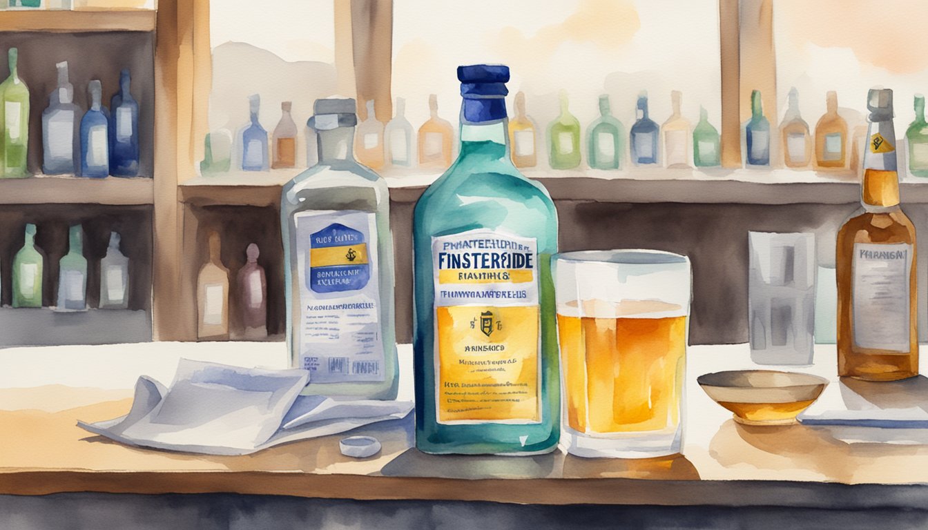 A bottle of finasteride next to a glass of alcohol, with caution signs and warning labels in the background