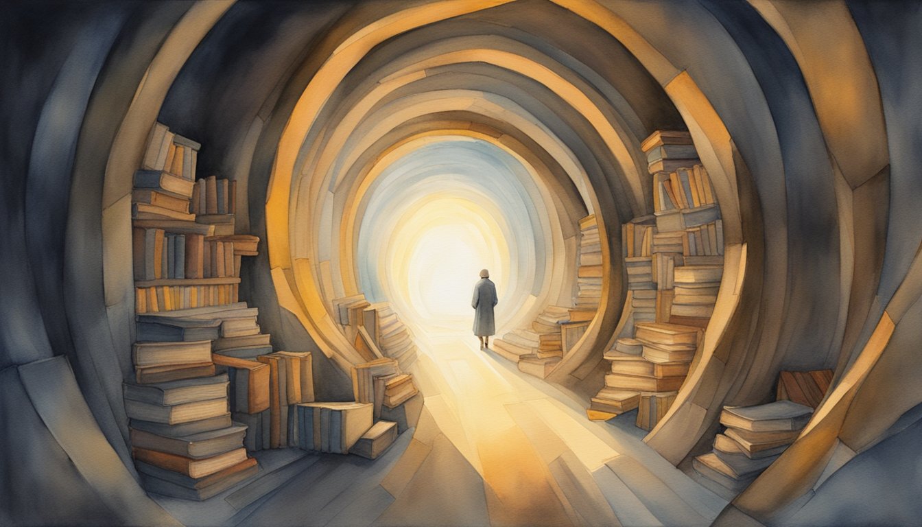 A glowing light at the end of a dark tunnel, with shadowy figures moving towards it.</p><p>Books and scientific studies floating around, surrounded by ethereal energy