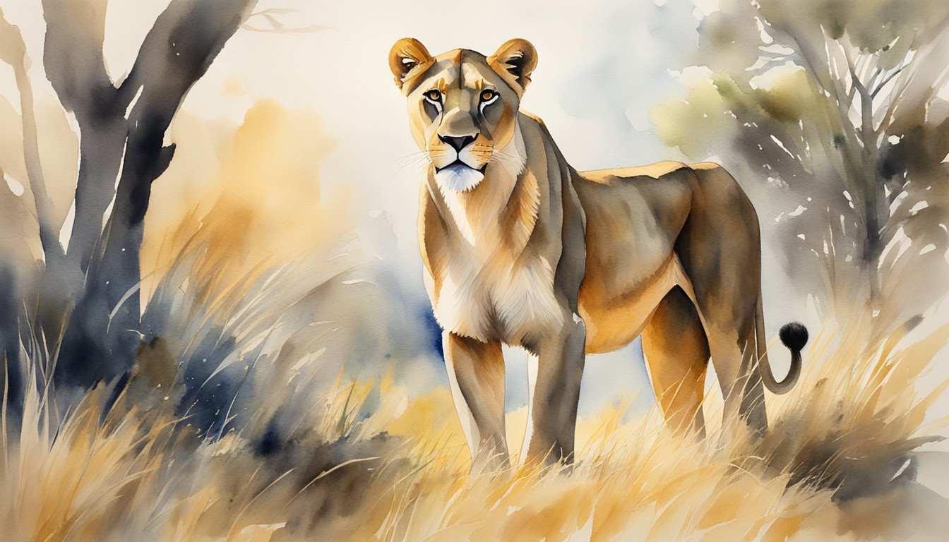 A lioness stands tall, her golden fur glistening in the sunlight.</p><p>Her powerful muscles ripple beneath her sleek coat as she surveys the savannah, exuding an aura of strength and grace