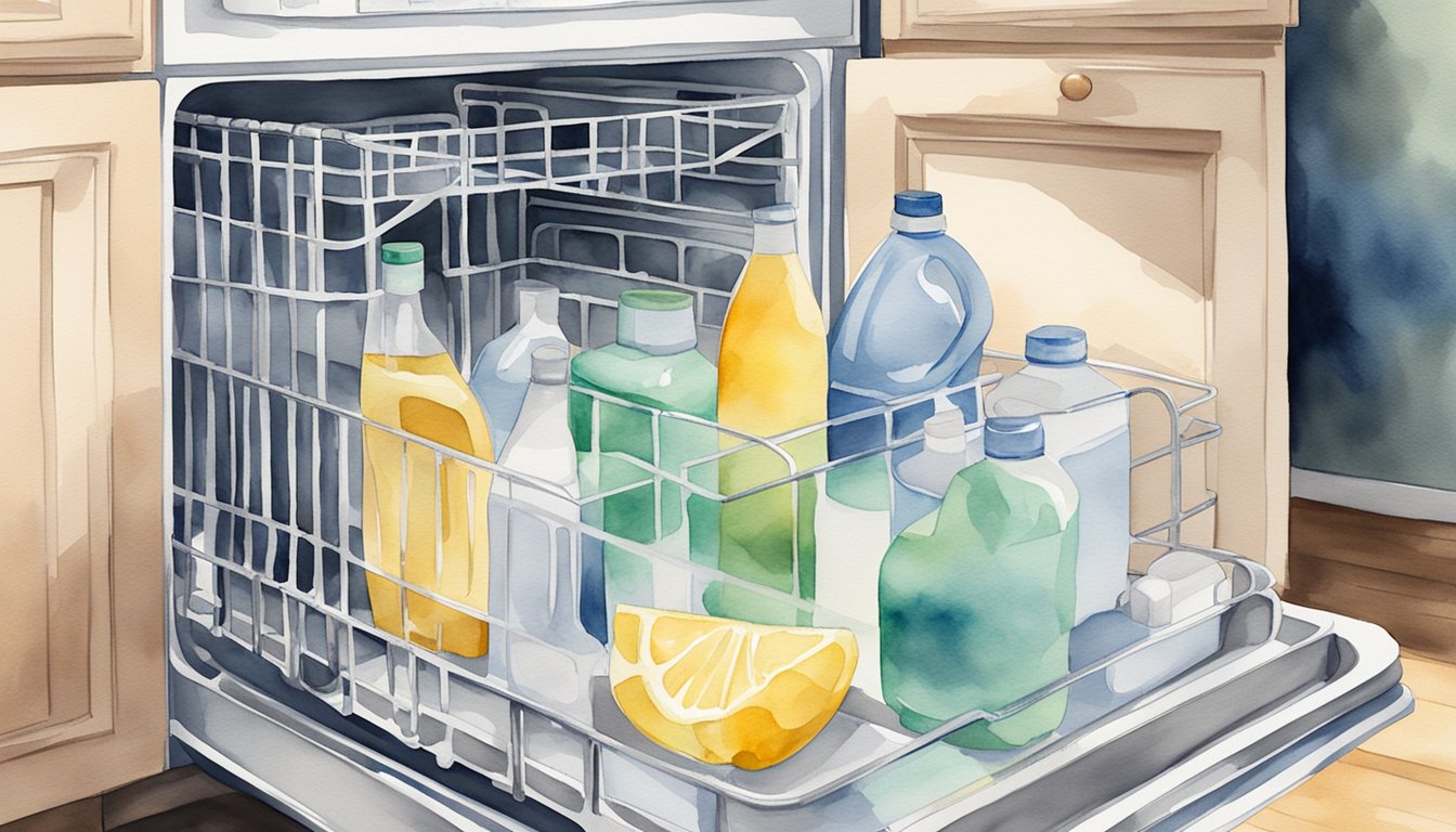 A sparkling clean dishwasher filled with dishes, with a bottle of natural detergent prominently displayed next to it