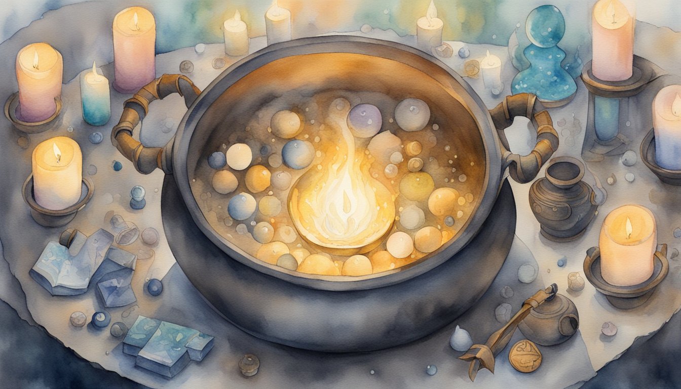 A cauldron bubbling with mystical energy, surrounded by candles and ancient symbols, as a binding spell is cast