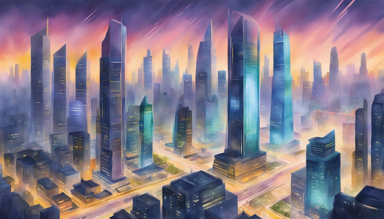 A futuristic cityscape with sleek skyscrapers and glowing neon lights, showcasing advanced technology and the integration of China's cutting-edge microchips in various applications