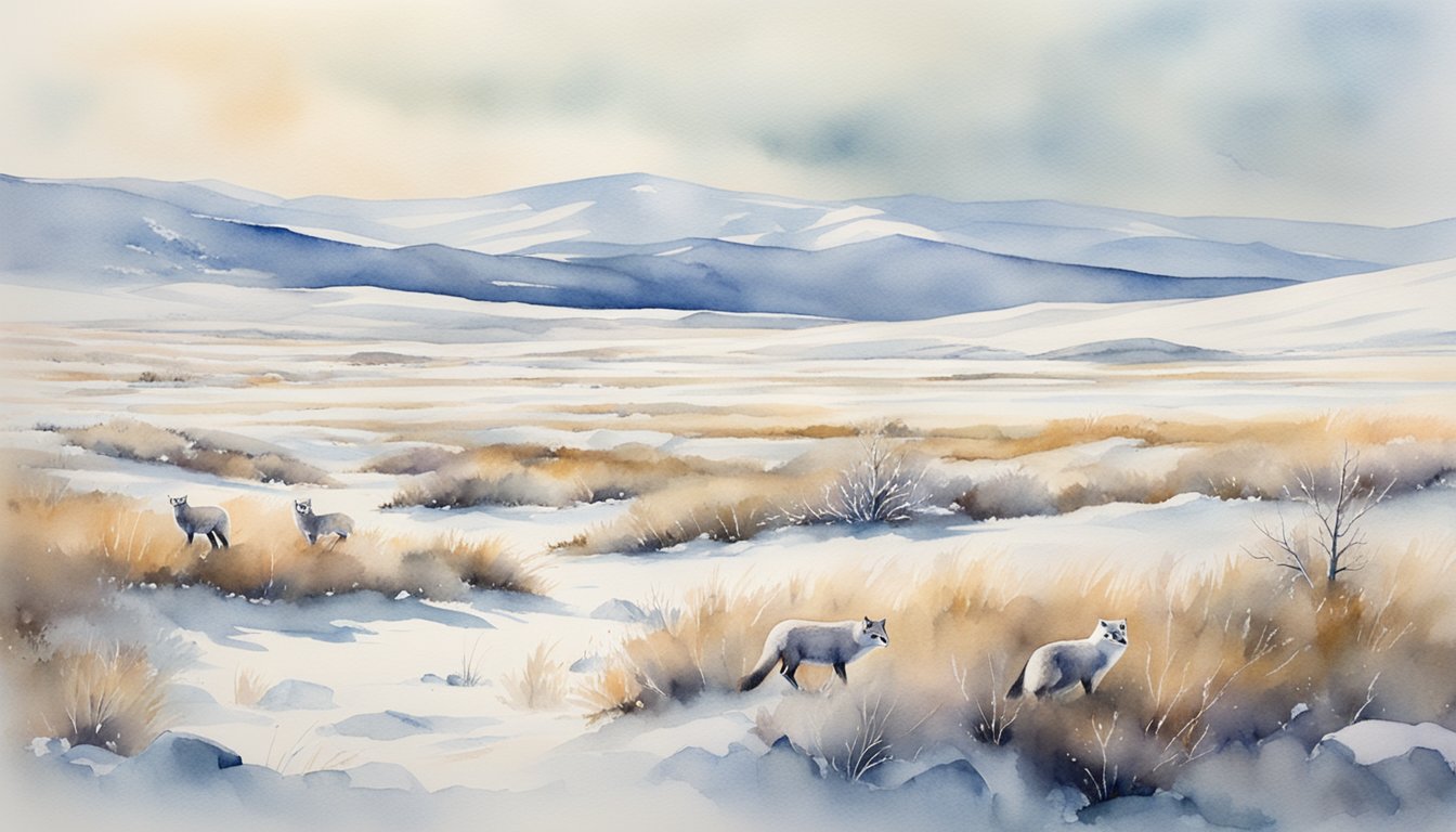 Snowy tundra landscape with grazing caribou, arctic fox, and snowy owl.</p><p>Sparse vegetation and icy terrain