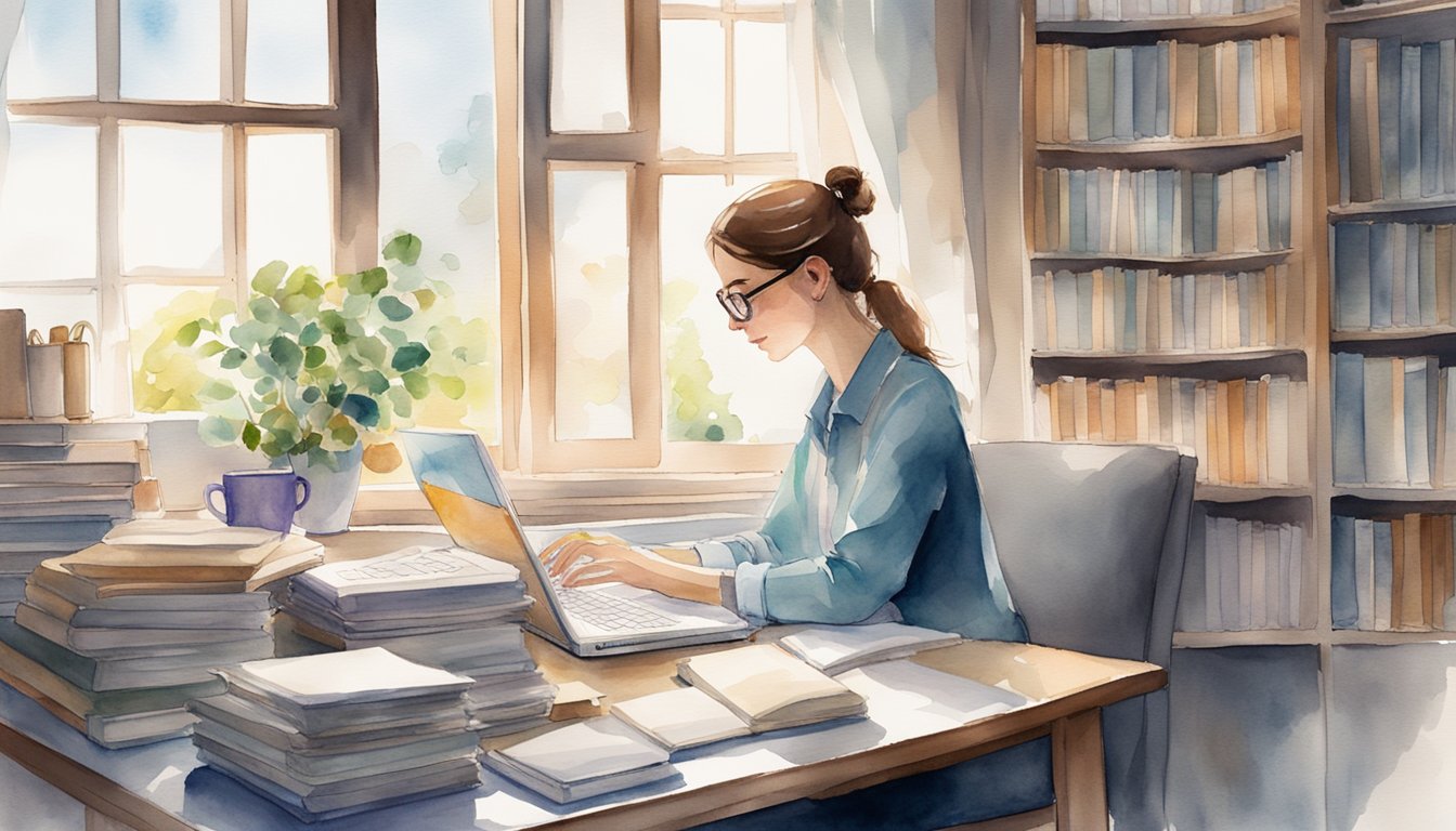 A woman sits at a desk, surrounded by open books and medical journals.</p><p>She is typing on a laptop, with a stack of papers and a cup of tea beside her.</p><p>The window is open, letting in a cool breeze