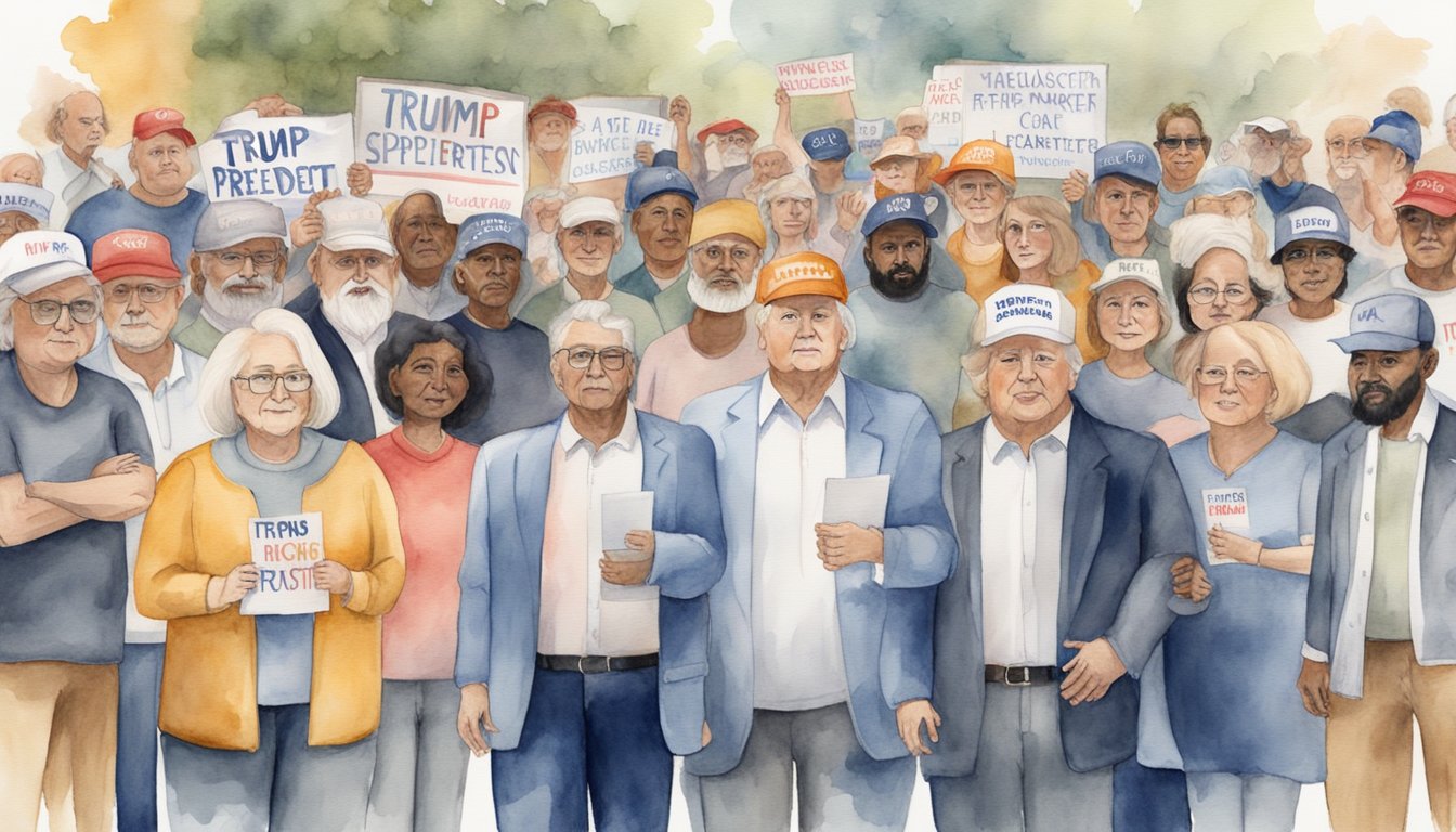 A diverse group of Trump supporters gather, representing various ages, races, and occupations.</p><p>They stand together, holding signs and wearing apparel in support of the former president