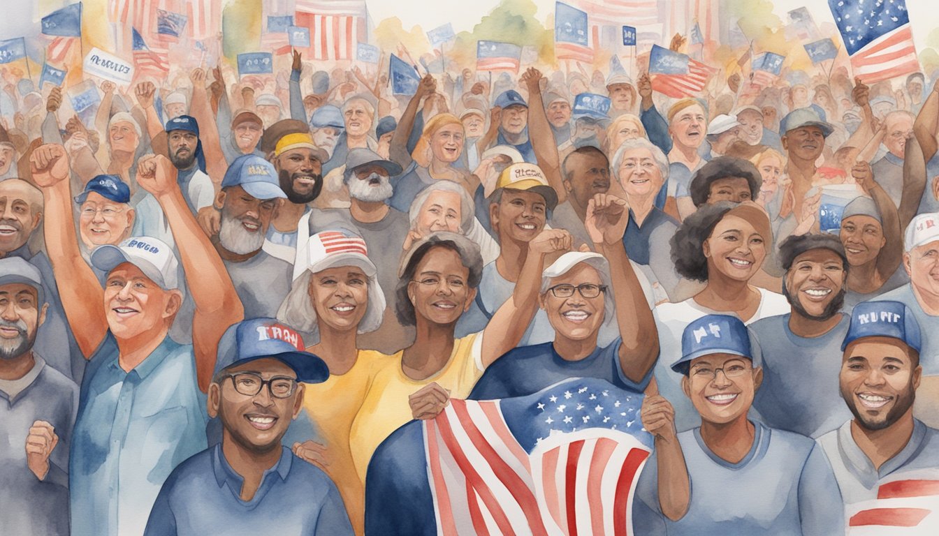 A crowd of diverse individuals with pro-Trump signs and apparel, displaying enthusiasm and unity at a political rally