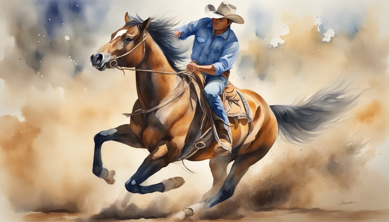 A bronco horse bucks fiercely in a dusty rodeo arena, its mane flying as it defies the efforts of a determined cowboy