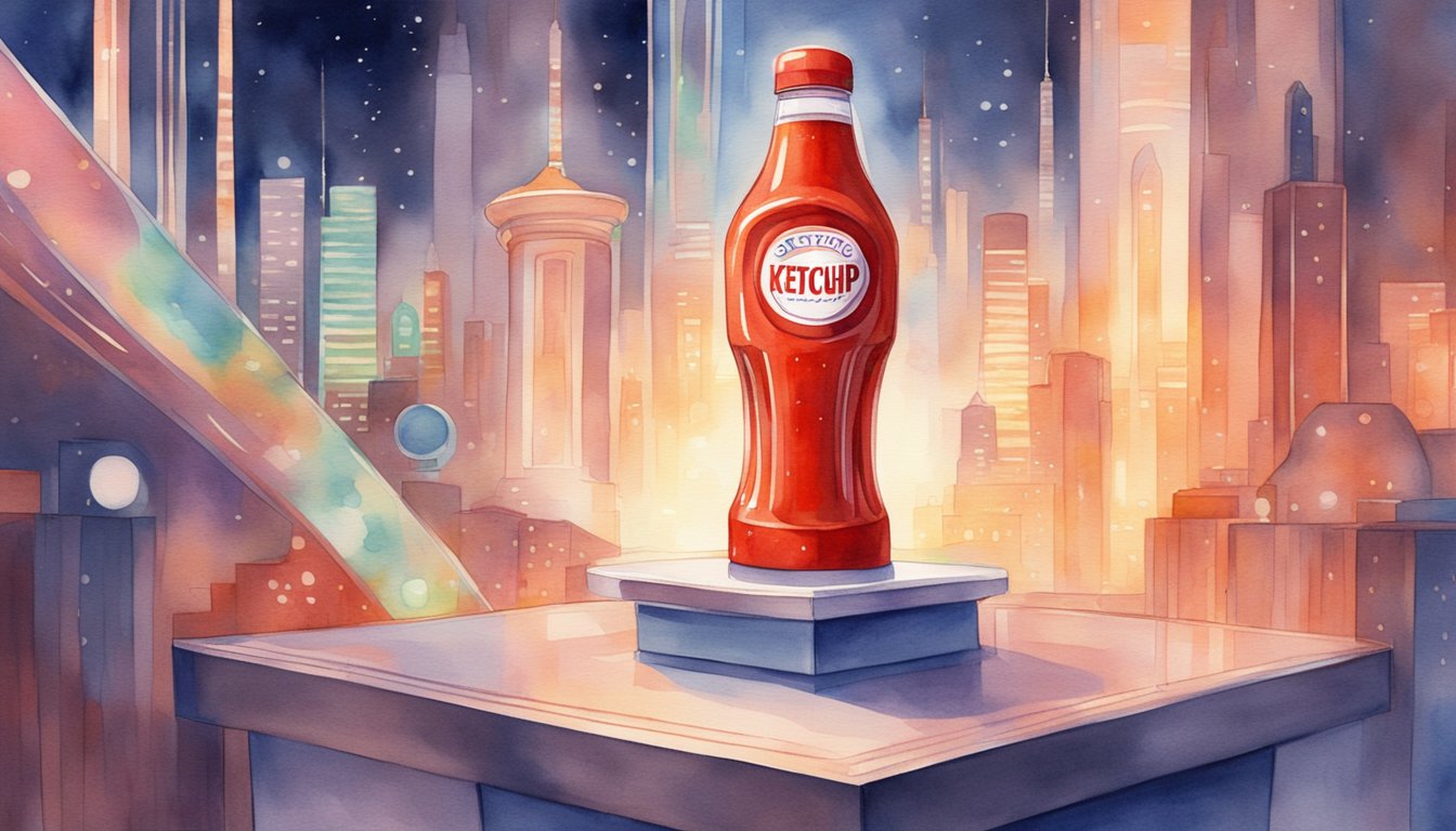 A sleek, futuristic ketchup bottle stands proudly on a pedestal, surrounded by swirling lines and glowing lights, symbolizing the invention of modern ketchup