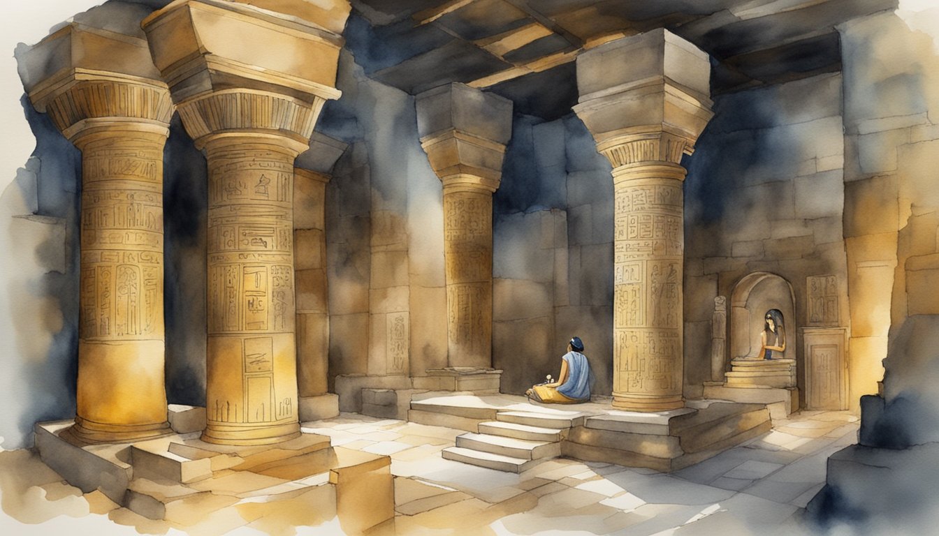 Cleopatra's tomb, adorned with hieroglyphics, sits in a dimly lit chamber, surrounded by ancient artifacts and treasures.</p><p>A sense of mystery and history fills the air