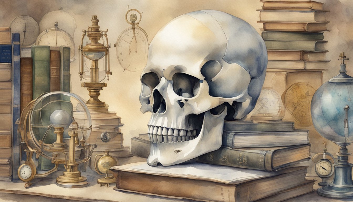 A bust of a skull with phrenology markings, surrounded by old books and scientific instruments