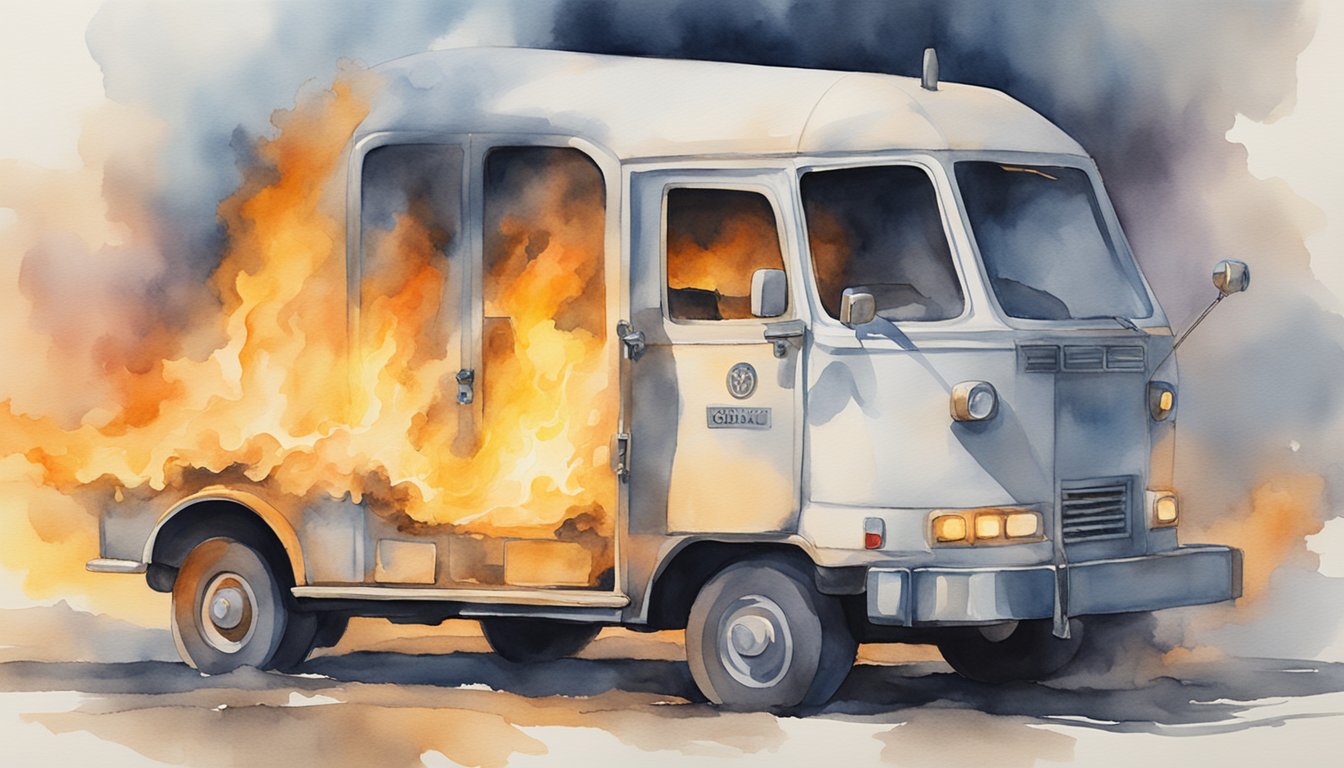 An electric vehicle engulfed in flames, with emergency responders using specialized equipment to contain the fire and prevent further damage