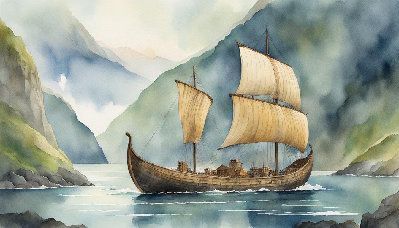 Viking ship sailing through fjord, surrounded by rugged landscapes and ancient ruins.</p><p>DNA strands intertwine with historical artifacts, symbolizing the lasting impact of Viking genetics