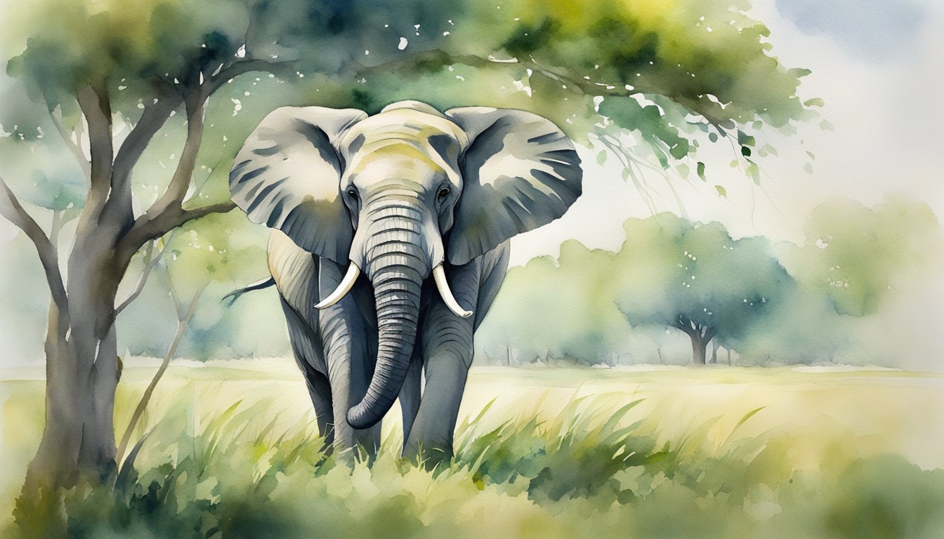 An elephant stands tall, its trunk reaching out to touch the leaves of a tree.</p><p>Its large ears flap gently in the breeze as it grazes in a lush, green savanna