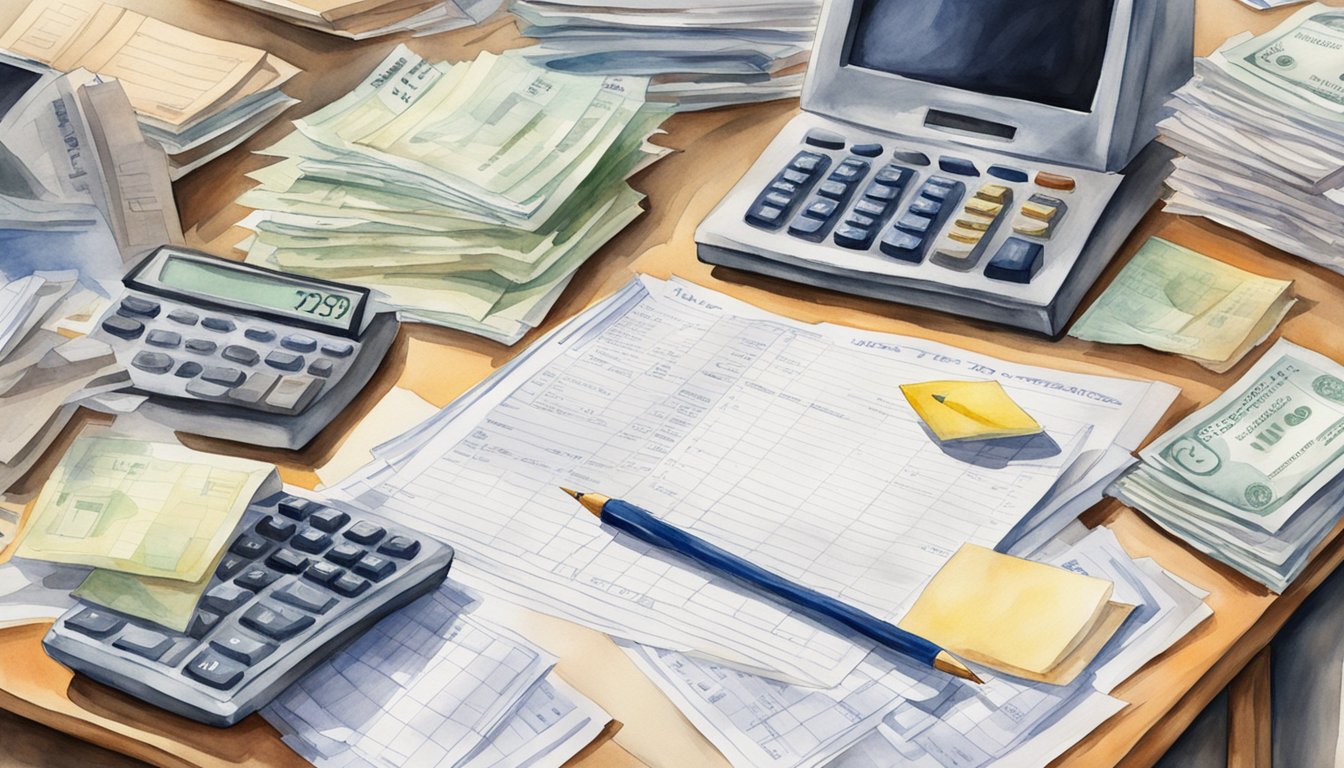 A cluttered desk with tax forms, calculator, and computer.</p><p>A stack of bills and receipts.</p><p>A sign with "Tax Prep Services" and "Policy Impacts" on the wall