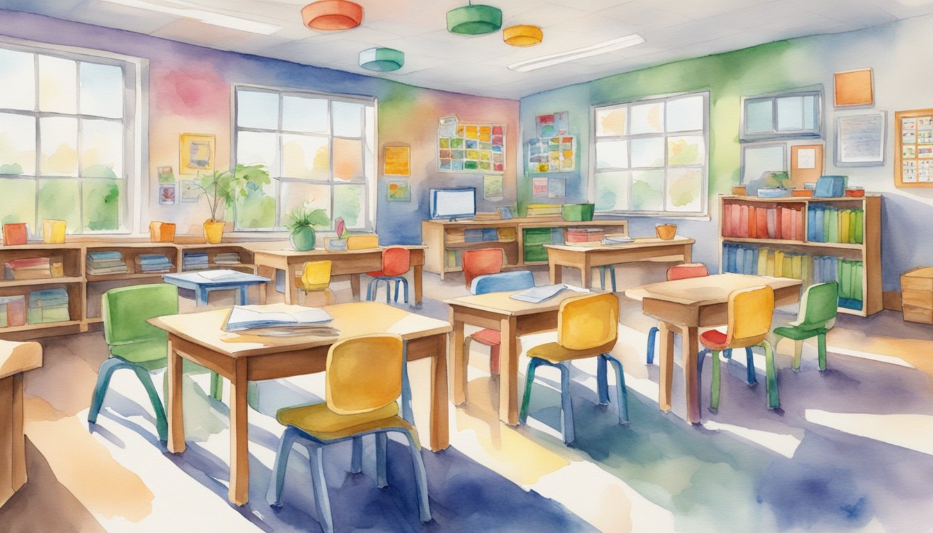 A colorful classroom with diverse learning materials and interactive resources, showcasing engagement and creativity