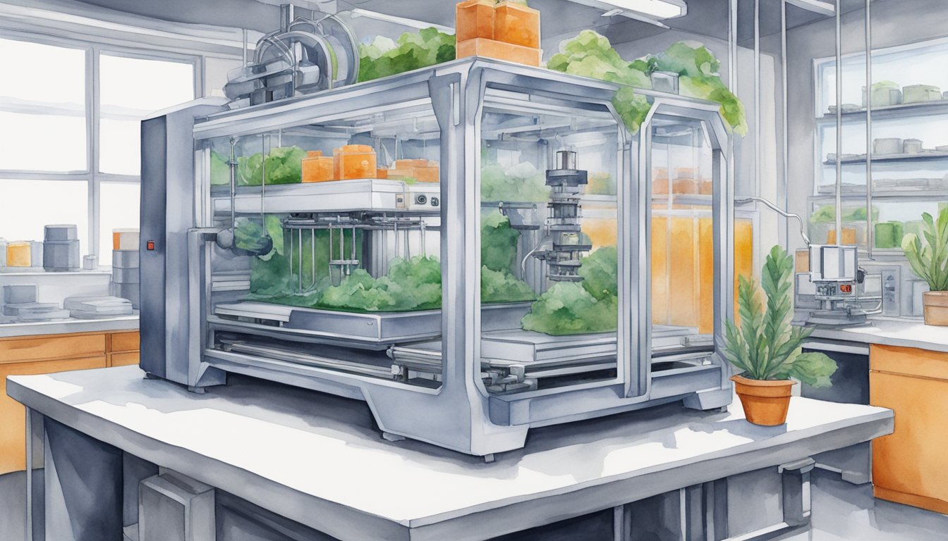 A 3D printer extrudes layers of plant-based proteins, forming a realistic-looking steak.</p><p>Surrounding equipment includes mixing tanks and quality control monitors