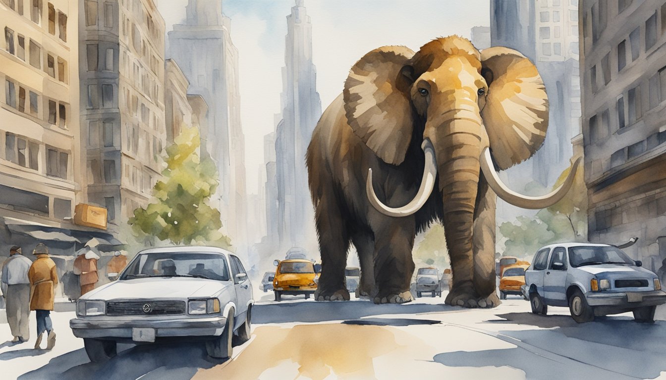 A mammoth roams through a bustling city, surrounded by skyscrapers and modern vehicles.</p><p>Pedestrians stop and stare in awe at the ancient creature in the midst of the modern world