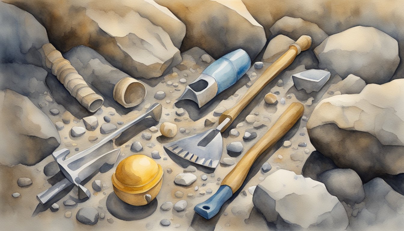 Excavation tools uncovering fossils in rocky terrain