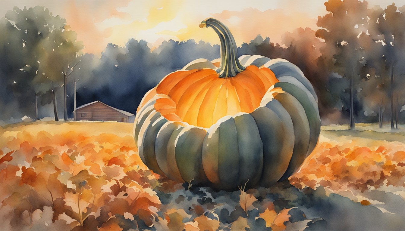 A bright spotlight shines on the world's largest pumpkin, casting a dramatic glow on its massive size and vibrant orange color