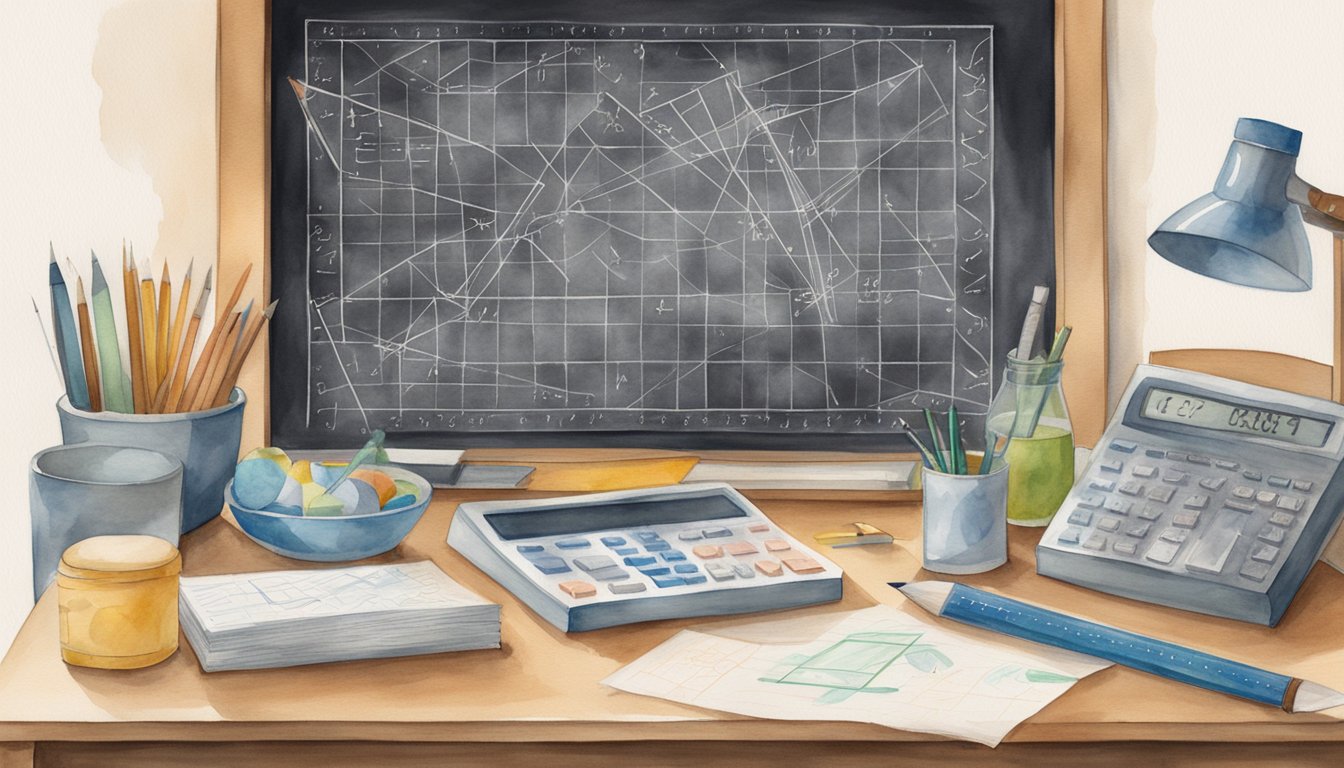 A chalkboard filled with equations, geometric shapes, and graphs.</p><p>A ruler, protractor, and calculator sit nearby