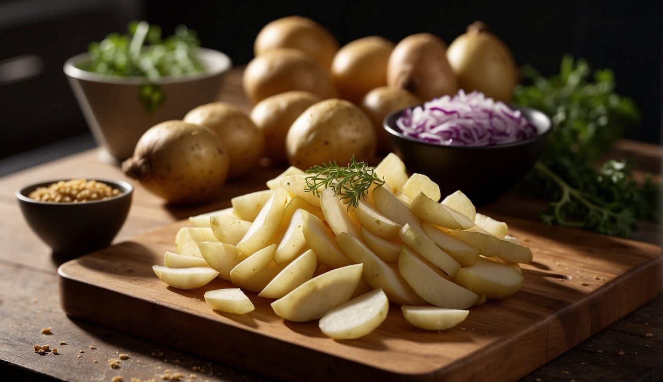 Potatoes and onions laid out on a clean cutting board, with a sharp knife and air fryer placed nearby. Ingredients and seasonings arranged neatly on the counter