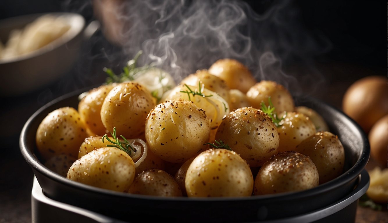 Potatoes and onions sizzling in an air fryer, surrounded by wisps of steam, golden brown and crispy