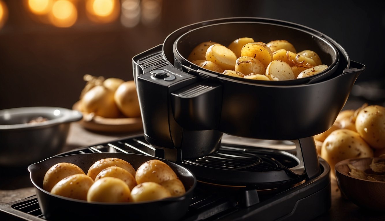 Golden potatoes and caramelized onions sizzling in an air fryer
