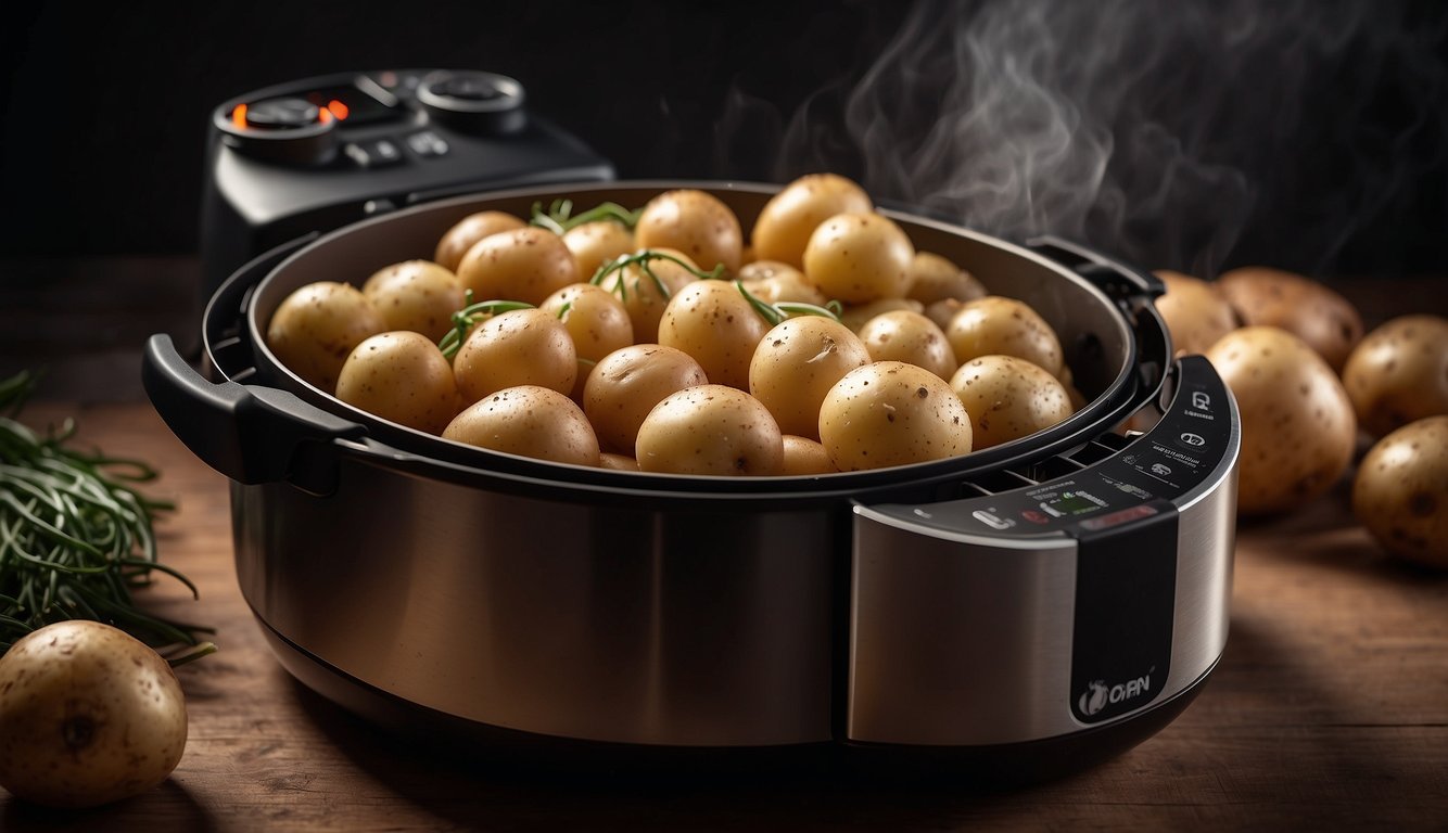 Potatoes and onions in air fryer basket, with lid on. Timer set for reheating