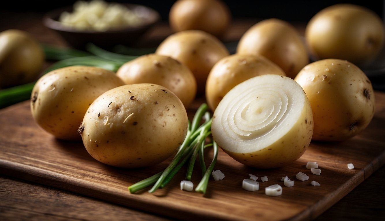 Potatoes and onions arranged on a cutting board with nutritional facts displayed in the background