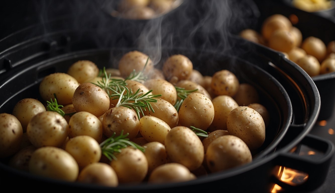 Potatoes and onions arranged in an air fryer basket, with seasonings sprinkled on top. Steam rising from the hot food