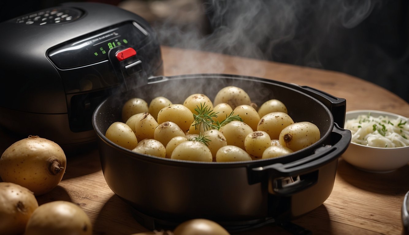 Potatoes and onions sizzling in an air fryer, emitting a savory aroma. Community members gathered around, chatting and enjoying the delicious scent