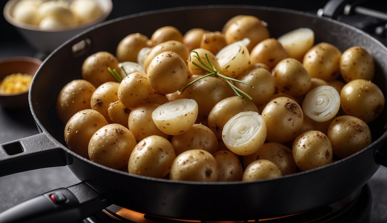 Potatoes and onions sizzling in an air fryer, emitting a delicious aroma. A timer set nearby indicates the cooking process