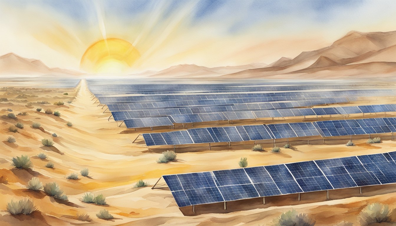 Bright sun shines on vast desert landscape, with rows of solar panels stretching towards the horizon.</p><p>Dust swirls in the hot, dry air, posing challenges to maintenance and efficiency