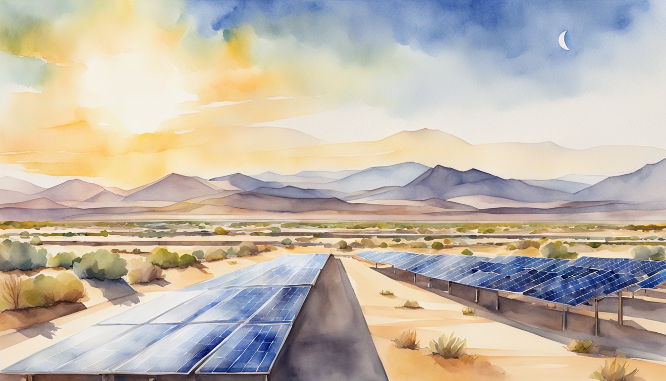 Solar panels cover vast desert landscape, reflecting sunlight.</p><p>Nearby, a small community benefits from clean energy