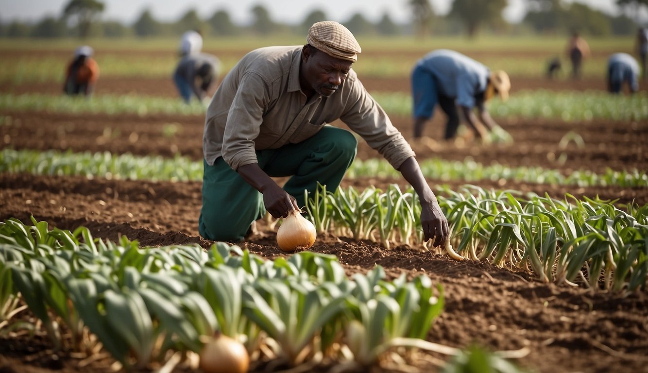 Onions of different varieties grow in neat rows in a Kenyan field, with farmers tending to the crops using various cultivation practices