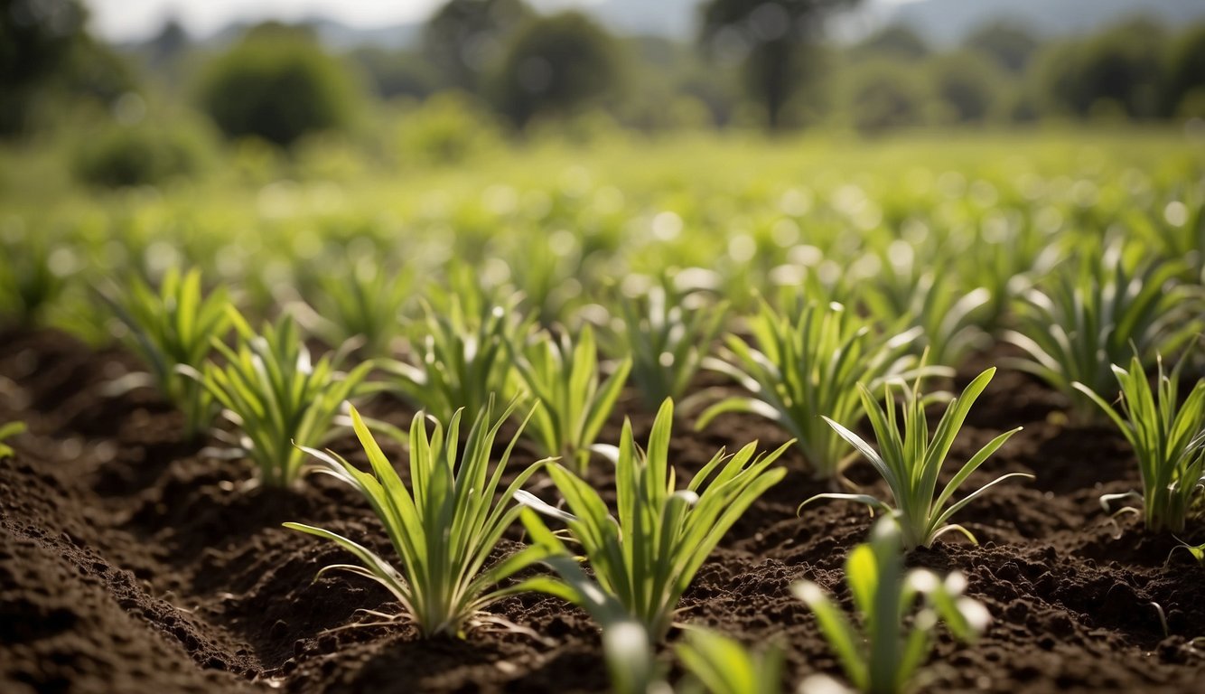 A sunny field in Kenya with red, white, and yellow onions growing in rich, fertile soil surrounded by lush green vegetation