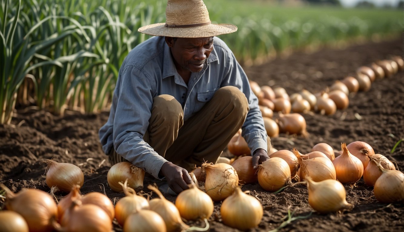 A farmer tending to various types of onions in a Kenyan field, facing challenges such as pests and weather conditions