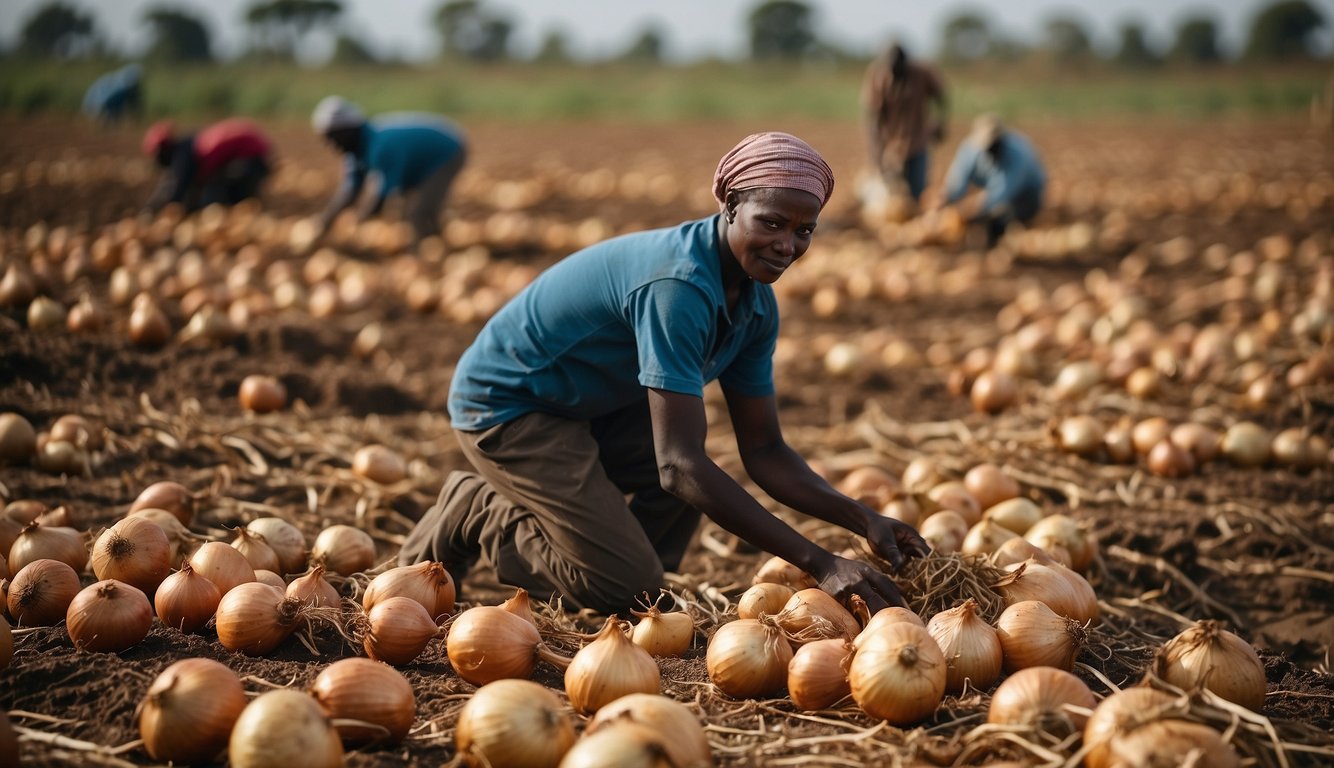Onions being harvested and sorted in Kenyan fields