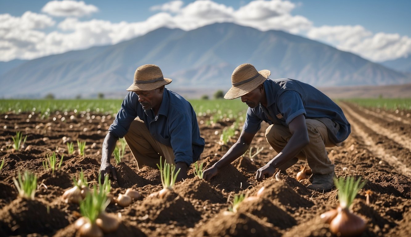 A farmer planting different types of onions in a vast Kenyan field, with a clear blue sky and mountains in the background