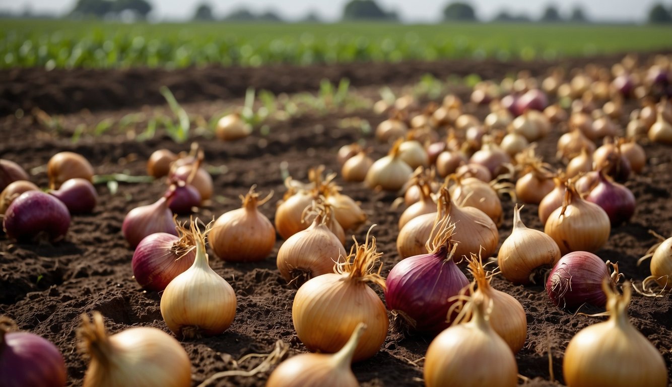 Various onion farming techniques in Kenya: open fields, raised beds, and greenhouse cultivation. Different types of onions: red, white, and yellow