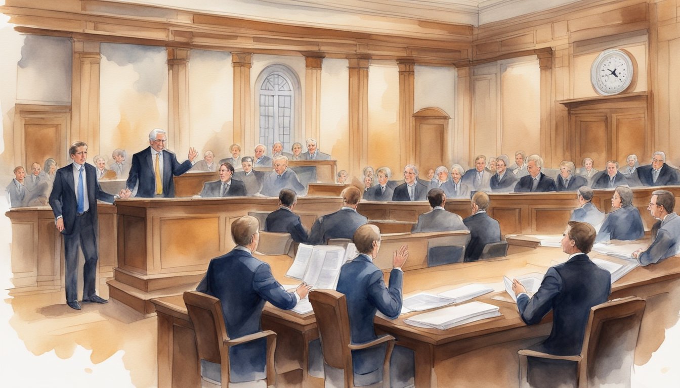 A courtroom scene with lawyers presenting arguments and evidence, judge presiding, and LDS representatives responding to the lawsuit