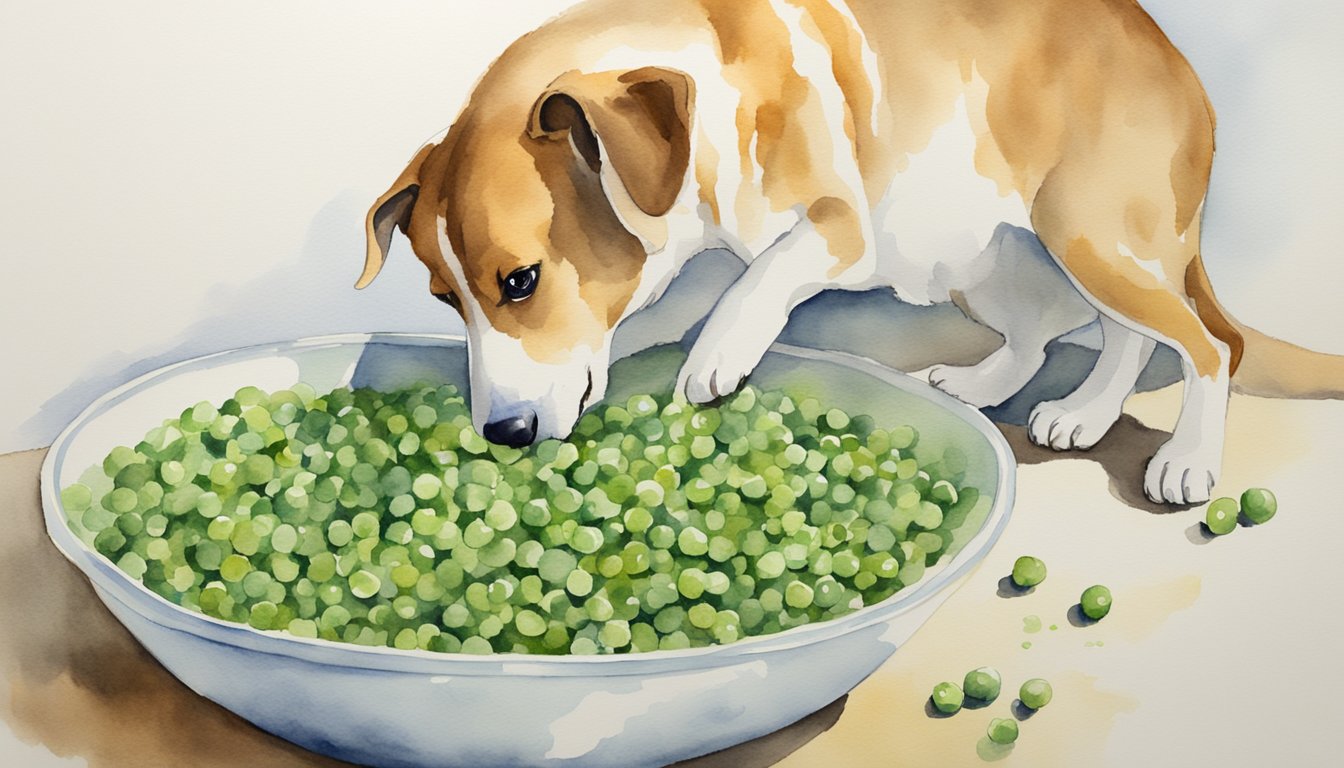 A dog eagerly eats peas from a bowl, wagging its tail