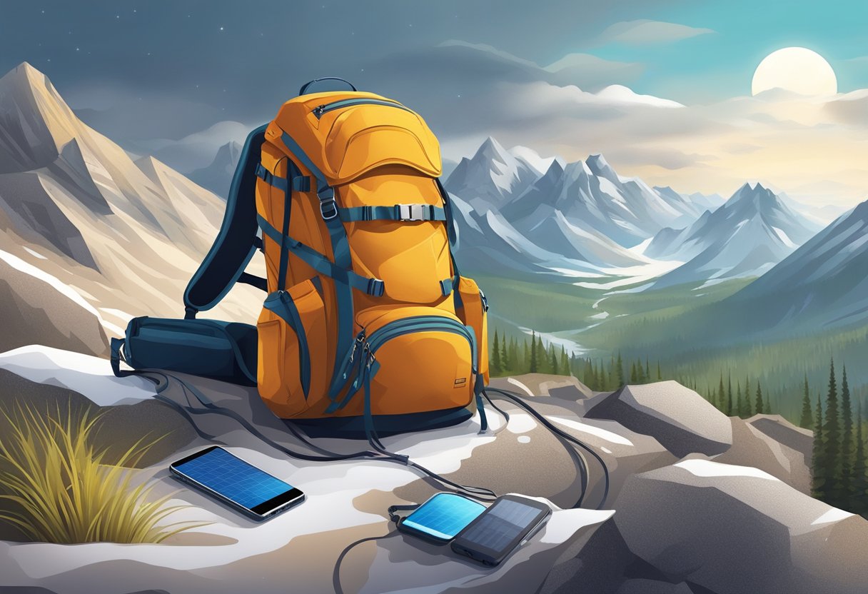 A rugged terrain with harsh weather, a solar phone charger attached to a backpack, powering a smartphone in extreme conditions