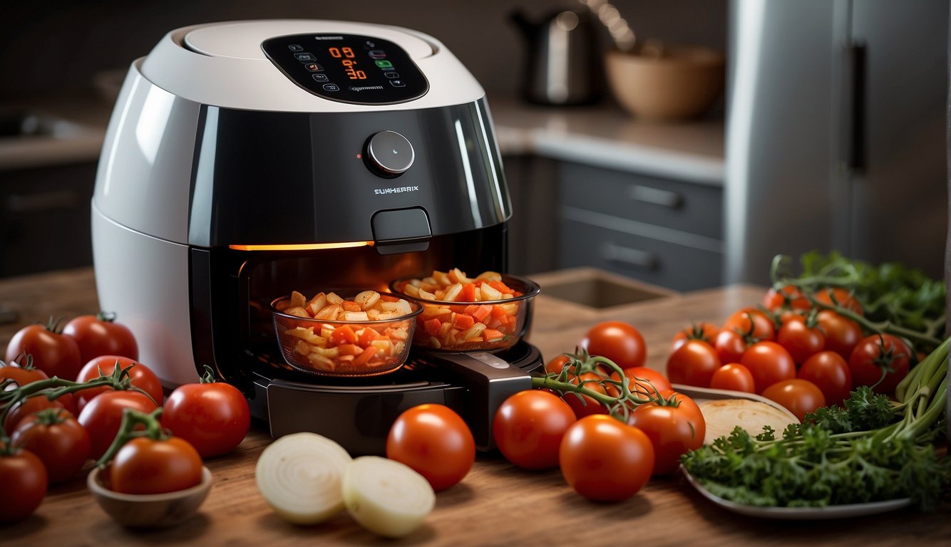 Tomatoes and onions being placed into an air fryer
