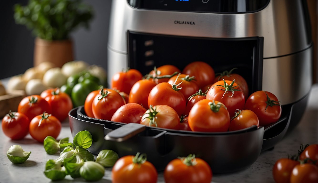 Tomatoes and onions being placed in an air fryer to prepare